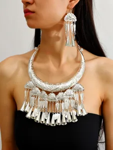 Ethnic Miao silver collar necklace and earrings set with bell tassels for women party jewelry.