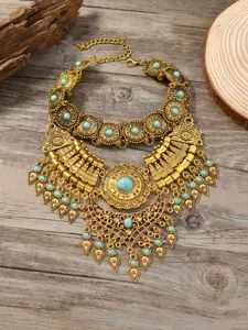 Vintage Ethnische Mehrschichtige Statement Kette mit Türkis Steinen und Quasten