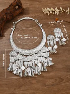 Ethnic Miao silver oversized crescent necklace and tassel earrings set for festival party jewelry