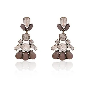 Vintage alloy chandelier earrings with clear rhinestones and grey resin teardrop stones.