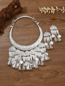 Ethnic Miao silver peacock necklace earrings set traditional vintage tassel jewelry