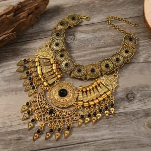 Vintage ethnische goldene Statement Halskette mit schwarzen Perlen für Damen Modeschmuck