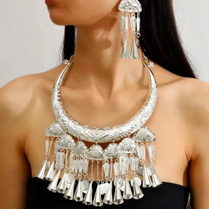 Vintage Ethnic Miao Silver Style Peacock Necklace Earrings Large Tassel Bell Pendant Statement Jewelry For Women Photography Props