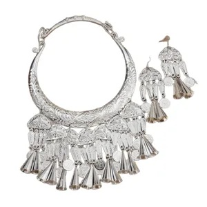 Miao Silver Ethnic Peacock Collar Necklace Earrings Set Trumpet Tassel Travel Photography Jewelry