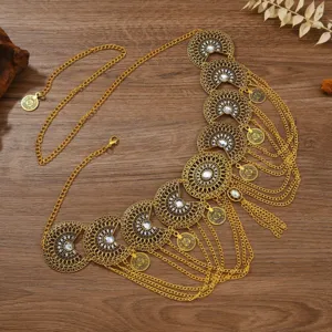 Boheemse vintage etnische gouden metalen taille ketting munt kwast buikdans sieraden riem