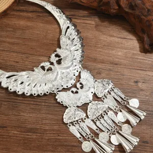 Ethnic style Miao silver double peacock tassel necklace collar for stage performance jewelry.