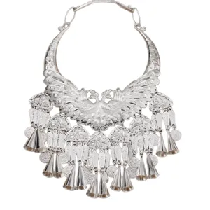Traditional Miao Silver Peacock Collar Necklace with Bells Ethnic Performance Jewelry
