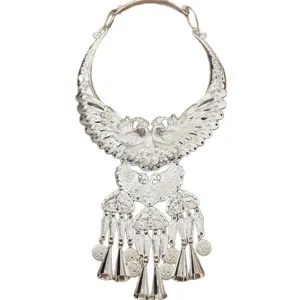 Traditional Miao ethnic silver double peacock tassel neck ring stage performance necklace