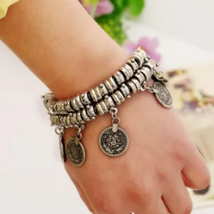 Vintage multi-layer silver coin pendant bracelet boho style wrist jewelry for women