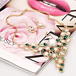 Exquisite peacock necklace and earrings jewelry set detail shot, featuring sparkling rhinestones.