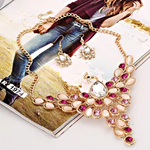 Exquisite peacock rhinestone necklace and earrings set, stylish crystal jewelry for women.