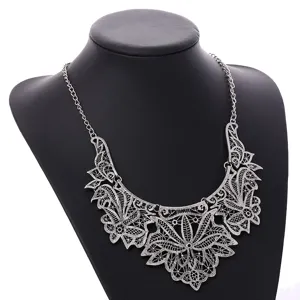 Vintage silver filigree statement necklace, ornate floral metal bib choker for chic women.