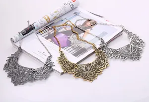 Detailed view of ornate filigree statement necklaces in vintage hollow metal designs for chic looks.