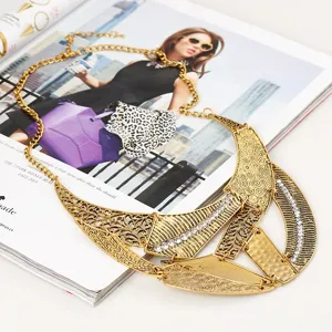 Vintage punk gold tone statement necklace with geometric rhinestone crystal design for women fashion.