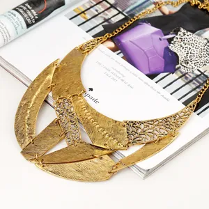 Detailed shot of vintage gold geometric statement necklace, punk style layering accessory.
