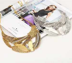 Vintage punk style statement cutout geometric rhinestone bib necklace gold and silver set for women
