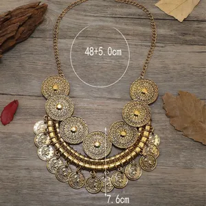 Vintage gold alloy coin bib necklace, retro multi-layered statement jewelry detail view.