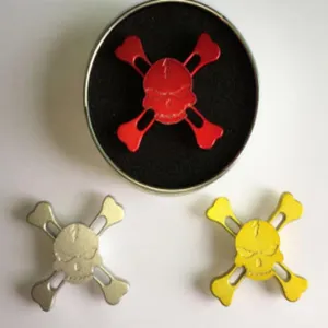 Metal skull fidget spinner detail, red, silver and yellow options with storage tin case.