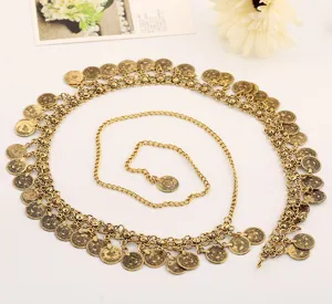 Vintage coin waist chain antique gold belly dance body jewelry for women boho style party.