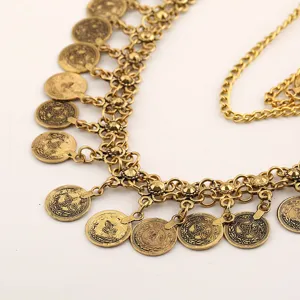 Detailed view of vintage gold coin belly chain, intricate tassel design for boho festival wear.