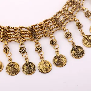 Vintage gold tone metal coin tassel waist chain belly dance body jewelry accessory for women