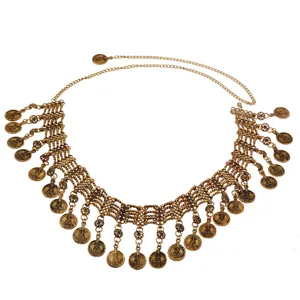 Vintage gold coin waist chain, intricate metal tassel belly chain for women bohemian style detail shot