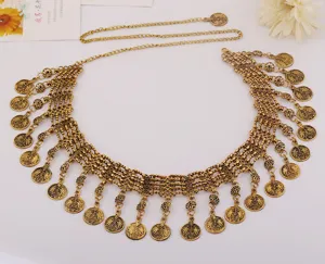 Vintage gold coin belly chain, bohemian tassel waist belt for women fashion body jewelry.