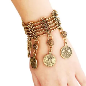 Vintage gold metal coin multi-layer chain bracelet hand jewelry fashion accessory boho style
