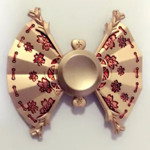 Metal fidget spinner with red cherry blossom pattern, fan wing design hand stress relief toy.