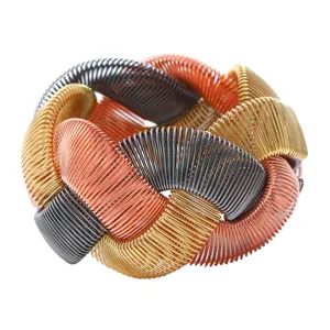 Chunky multi-color metal spring braided bracelet, heavy metal style wide bangle jewelry.