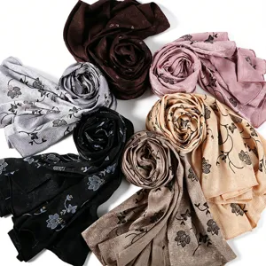 Women imitation silk printed leaf long scarf fashionable hijab shawl multiple colors available