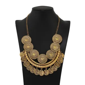 Vintage Alloy Coin Statement Necklace For Women Boho Layered Choker Chained Chandelier Pendant Geometric Totem Jewelry Gift