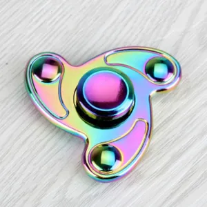 Colorful metal fidget spinner toy with rainbow gradient finish, smooth triple blade spin detail.