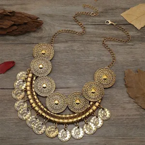 Vintage gold coin bib necklace bohemian statement alloy jewelry for women daily party wear chic