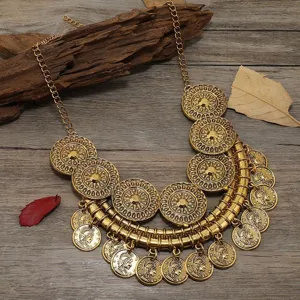 Vintage multi-layer gold coin statement necklace, retro European bohemian alloy chain jewelry.