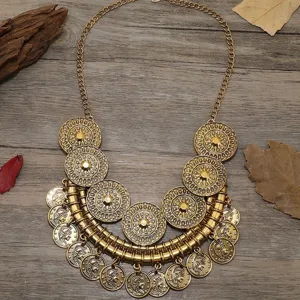 Vintage gold coin statement necklace, retro chunky choker fashion jewelry for women