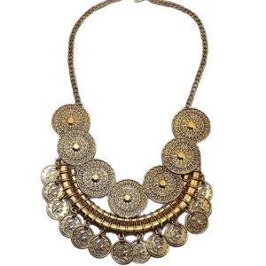 Vintage gold coin statement necklace, retro boho multi-layer chain choker for women fashion.