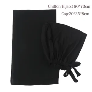 Zwarte chiffon hijab en binnenkap set voor dames, comfortabele islamitische hoofddoek.