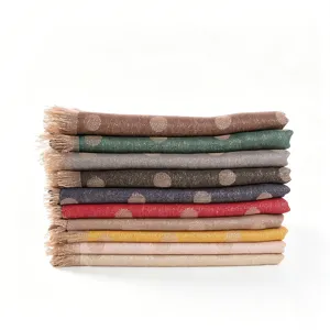 Women metallic dot rayon fringe scarf detail showing multi-color stacked soft shawls.