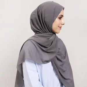 Chiffon hijab set detail view, elegant grey long scarf with matching comfortable head covering.