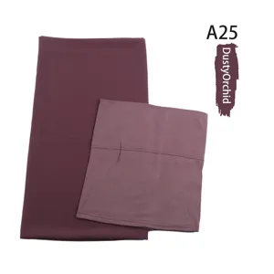 Detail view of the matching chiffon long scarf and inner cap set in dusty orchid color.