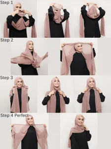 Easy wear chiffon hijab set with elastic inner cap and magnetic buckle step guide detail
