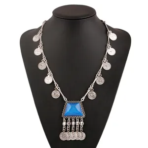 Boho Collana in Lega Geometrica Strass Argento Antico Vintage Moneta Nappa Frangia Girocollo Collana per Festa Donna Gioielli Regalo