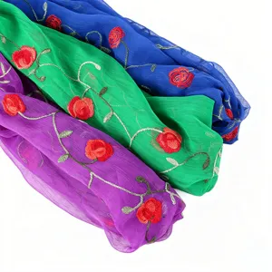 Chiffon embroidered scarf detail, floral rose patterns and soft lightweight fabric.