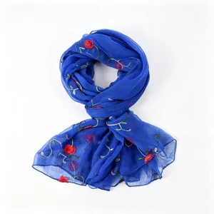 Blue chiffon embroidered women scarf elegant floral spring summer beach shawl accessory style