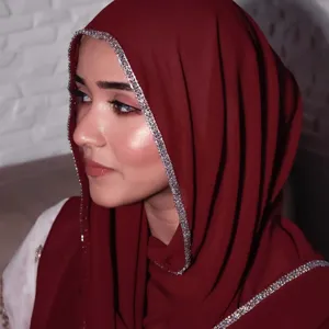 Chiffon rhinestone chain hijab scarf solid color long side elegant head wrap for women.