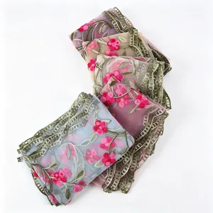 Nylon embroidered floral long scarf lightweight breathable sheer shawl for women elegant.