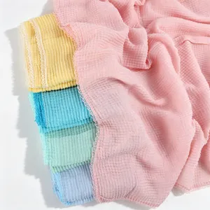 Crinkled gauze scarf with delicate lace trim, soft breathable Muslim hijab wrap shawl.