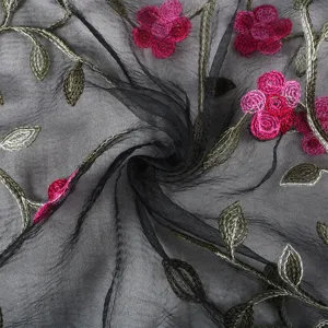 Black sheer embroidered scarf with floral pattern, lightweight and breathable fabric.