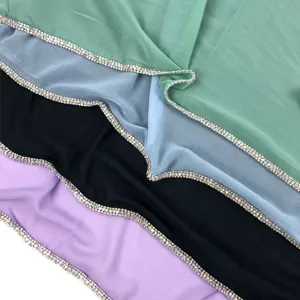 Multicolor chiffon hijab scarf with sparkling rhinestone chain edge, elegant solid design.